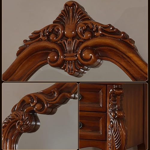 Miniatura 4 de Mid Century - Tocador de maquillaje antiguo de 39 pulgadas, mesa de maquillaje marrón vintage europea con 5 cajones y espejo, taburete tapizado de