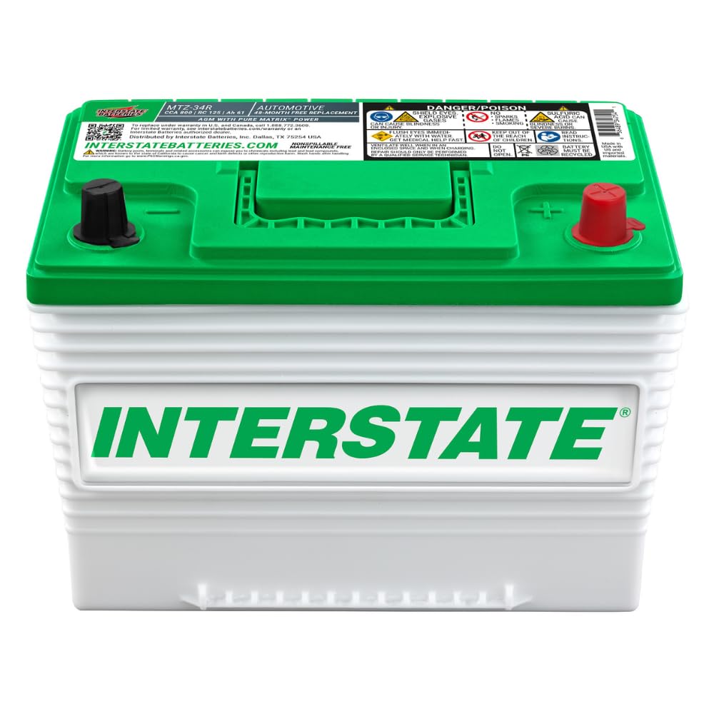 Interstate Batteries Automotive Battery 12V 63Ah (Group 34R) 800CCA SLI Pure Lead AGM Automobile Replacement Battery for Cars, Jeeps, SUVs, Trucks, Vans (MTZ-34R)