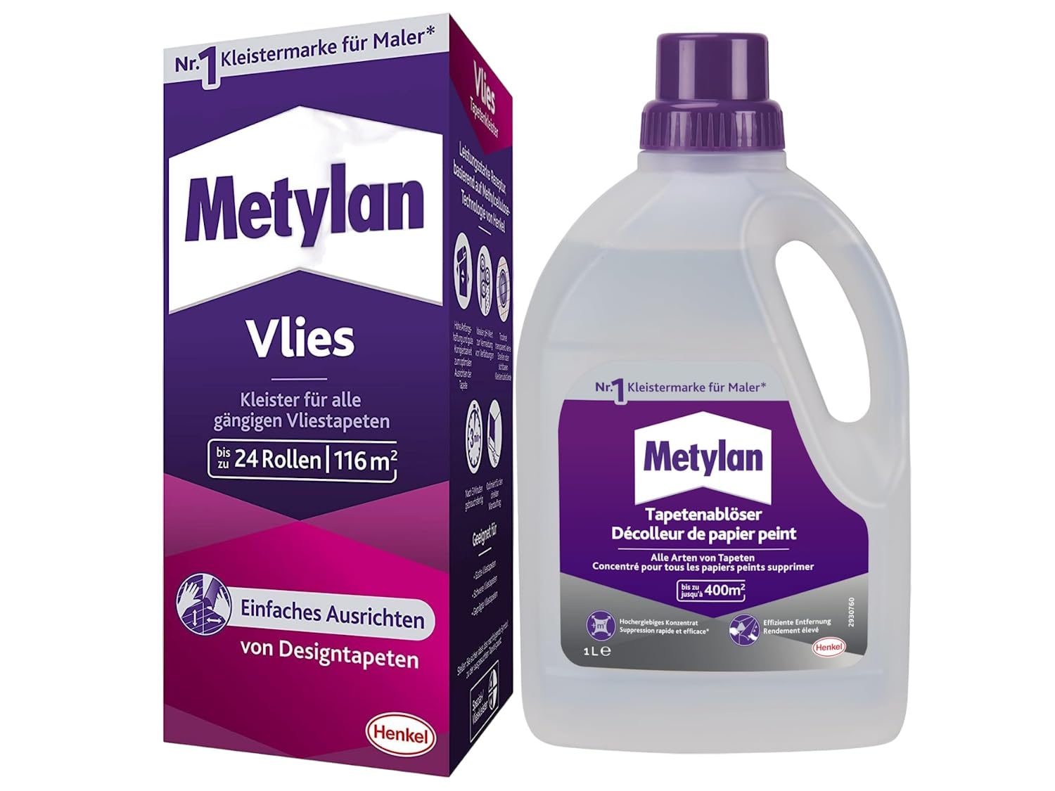 Metylan Vlies, Tapetenkleister für Vliestapeten, Kleister mit hoher Ergiebigkeit (1x720g) & Metylan Tapetenablöser Aktiv-Konzentrat, löst schnell und problemlos (1x 1l)