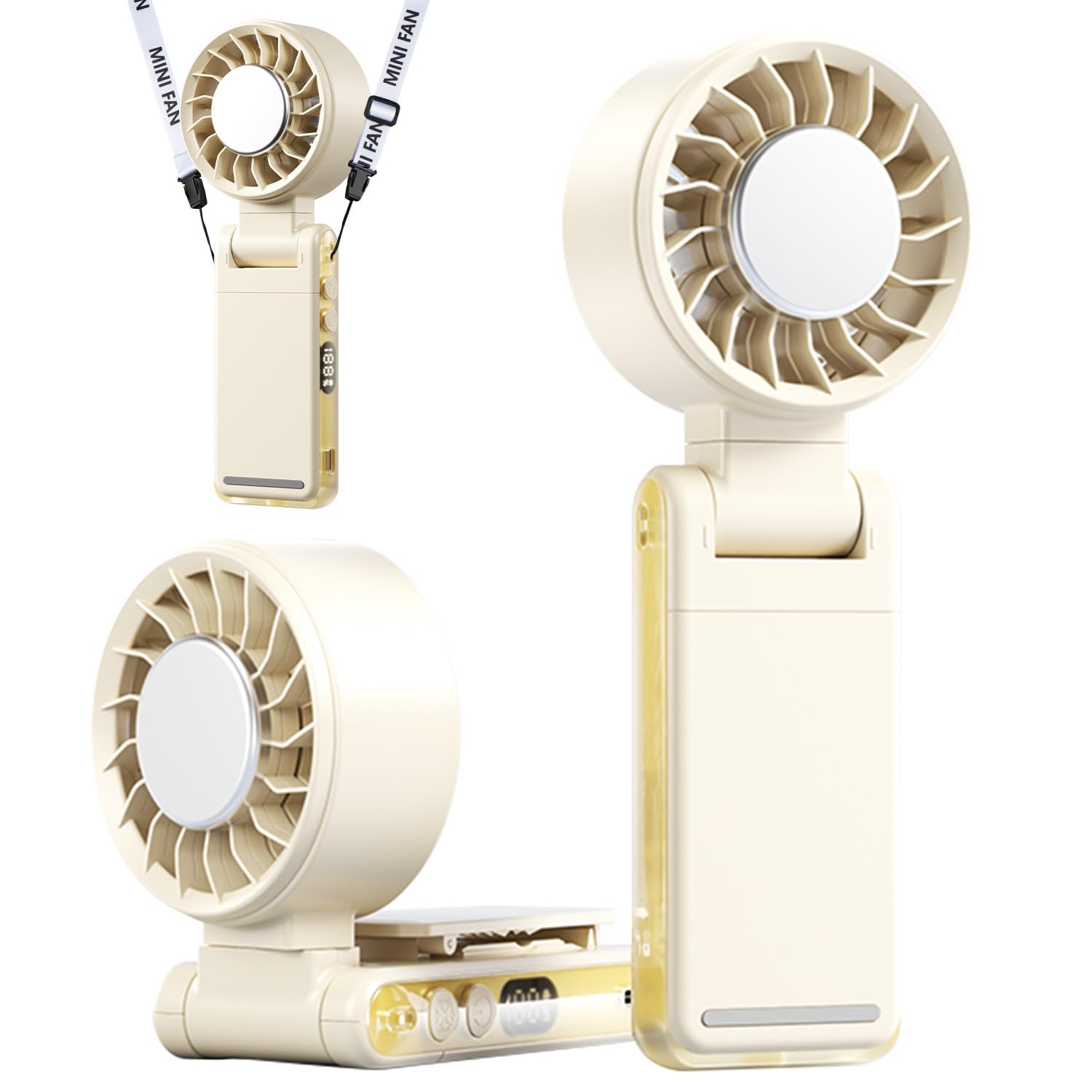 Foluu Portable Clip Fan with Active Cooling Tech – 3000mAh, 5 Speeds, 360° Rotation, LED Display, Type-C Fast Charge – Hands-Free Umbrella, Waist & Neck Fan for Commute, Office & Travel (Beige)