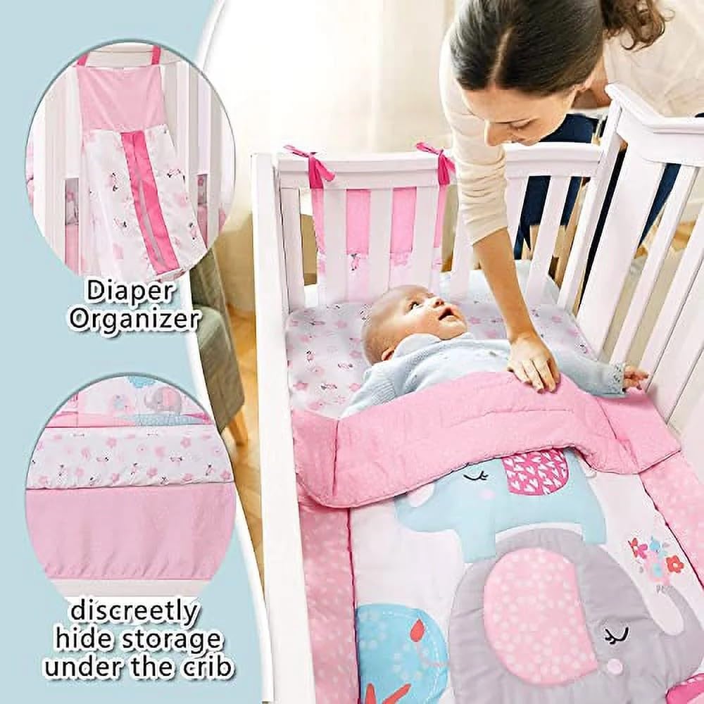 Juego de ropa de cama para cuna de elefante, 4 piezas, incluye colcha, sábana bajera, falda de cuna, bolsa de pañales