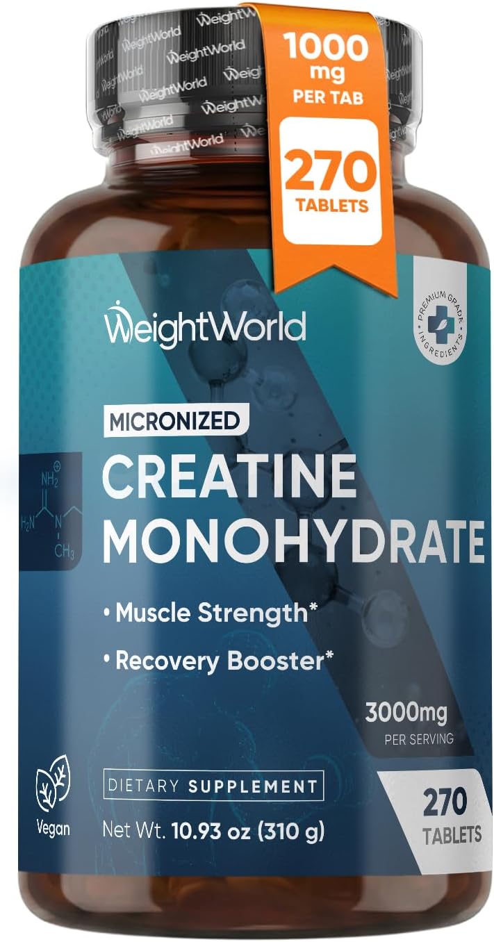 WeightWorld Micronized Creatine Monohydrate 3000mg Tablets - Muscle Growth, Strength, Energy & Recovery | Pre Workout Creatine for Women & Men | 1000mg per Tab | Vegan 270 Tablets (3 a Day), Non-GMO