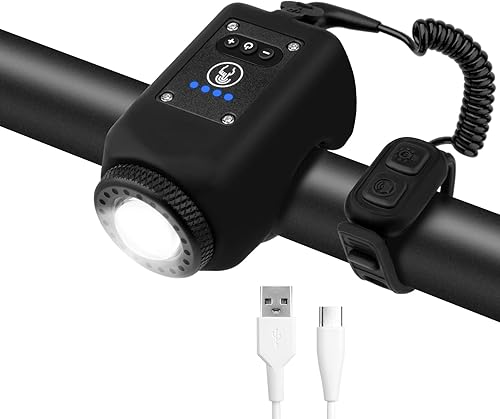 Bocina de bicicleta con luz, 110 dB, bocina eléctrica para bicicleta, 6 sonidos y 4 modos de luz, volumen de brillo ajustable, recargable por USB,