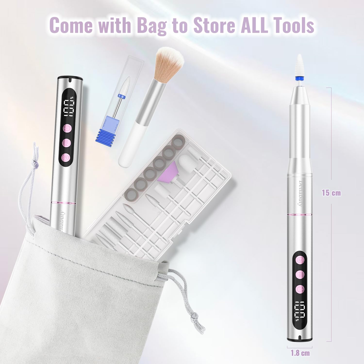 Torno para Uñas Profesional de 35000 RPM, 12 en 1 Lima Eléctrica para Uñas de Gel y Acrílicas, Recargable Torno Sin Cable con 5 Velocidad Ajustable para Manicura y Pedicura Plata