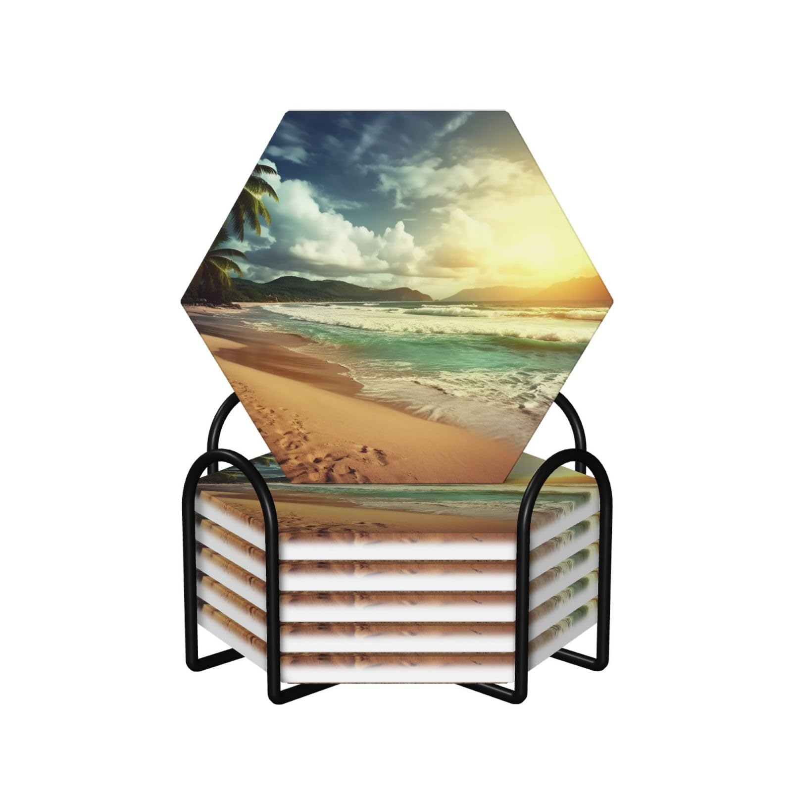 Dessous de verre pour cadeaux de pendaison de crémaillère à motif plage en céramique