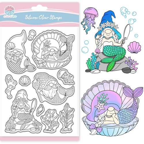 GLOBLELAND Mermaid Gnome Clear Stamps for Scrapbooking Seaweed Shells Silicone Stamps Summer Ocean Transparent Stamp for Card Making DIY Embossing Journaling