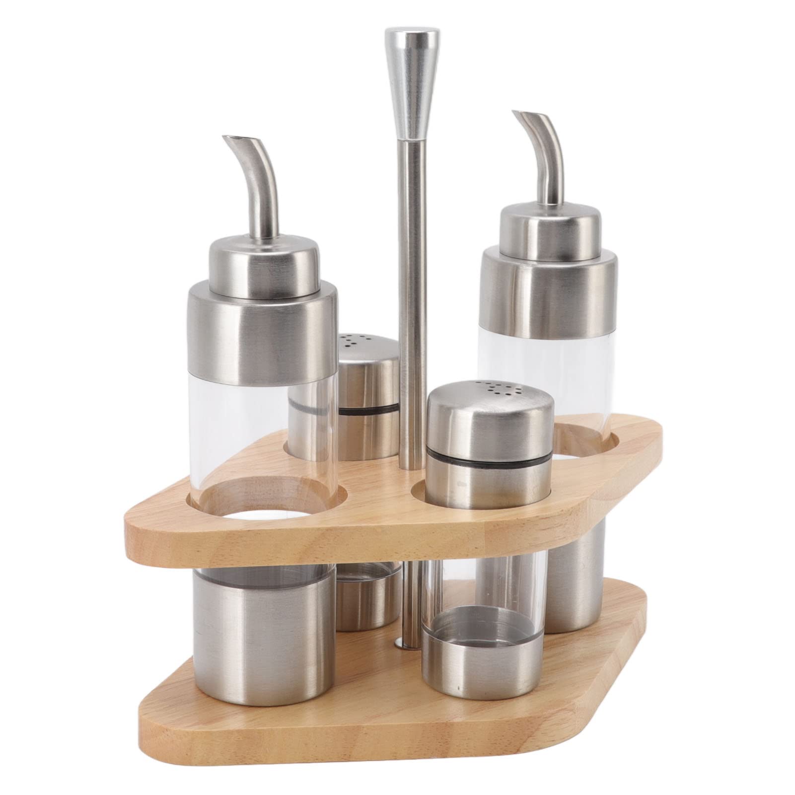 Juego de Dispensador de Aceite Y Vinagre de 5 Piezas, Botella de Condimento Translúcida de Acero Inoxidable, Dispensador de Sal Y Pimienta con Estante de Madera para Cocina, Mesa