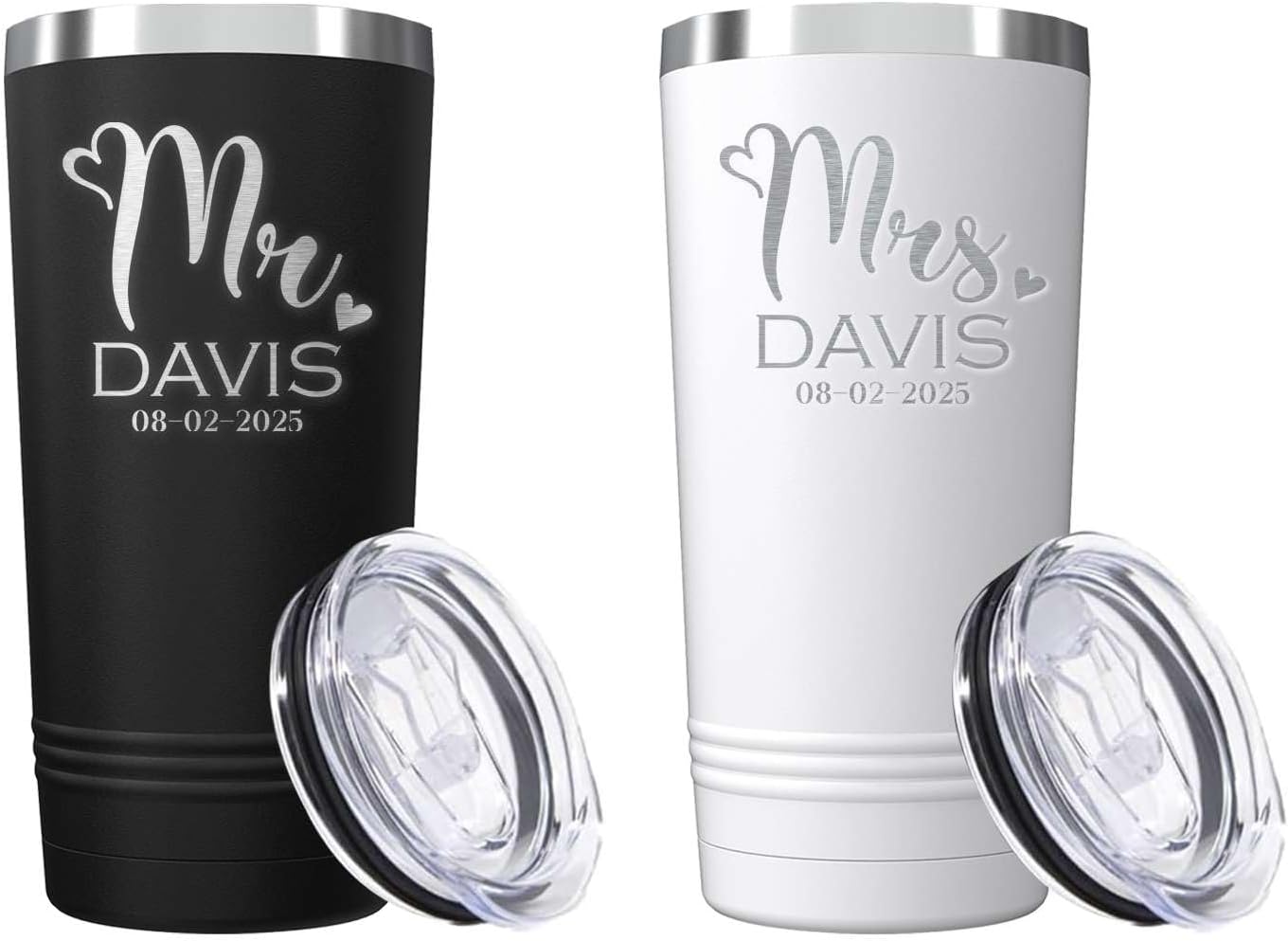Set of 2 Custom Mr. Mrs. Last Name and Date Engraved Insulated Stainless Steel Tumbler with Lid 20 oz. Couples Gift (Black, White)