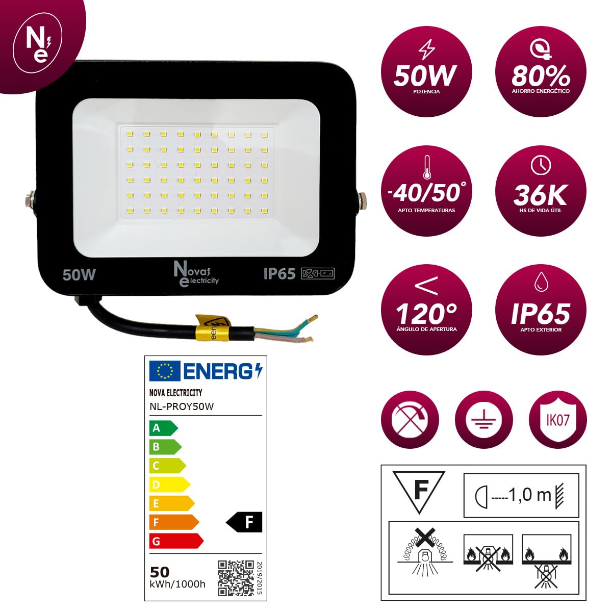 Foco LED Exterior 50W IP65 - Luz Blanca Fría 6500K, Impermeable, Para Jardín, Terraza Y Patio