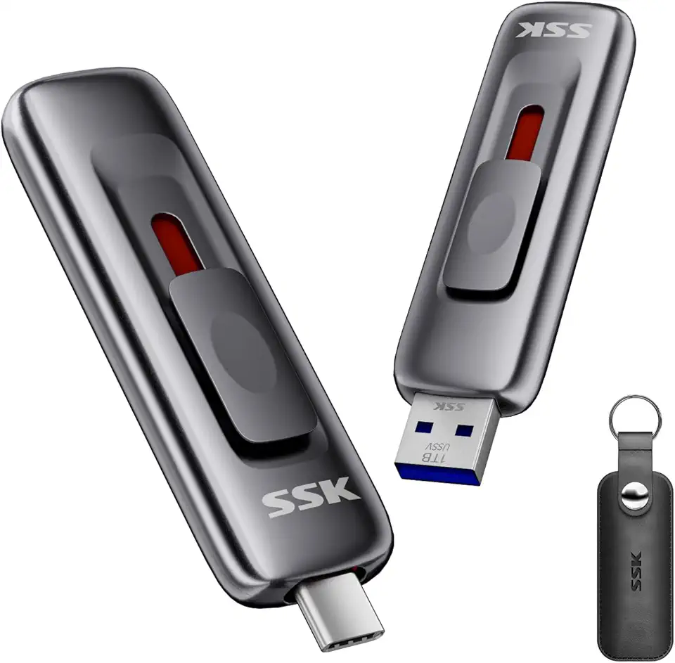 SSK Unidade USB 1TB, 2 em 1 Tipo C + USB A 3.2 Gen2 Unidade de Estado Sólido Externo, Pen Drive Rápido de 550 MB/s para iPhone 15/16/Android Phone/Tablet/Windows/Mac