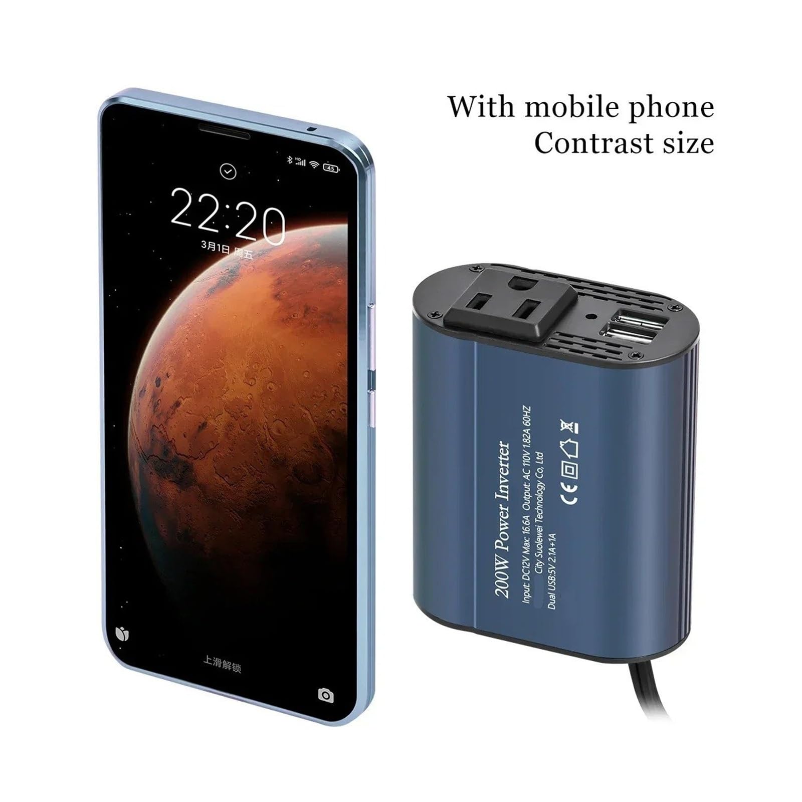 Power Inversor Corriente Convertidor Corriente Alterna Coche, Inversor CC De 12V A 110V, 60HZ, 200W, con Adaptador USB Dual 3.1A
