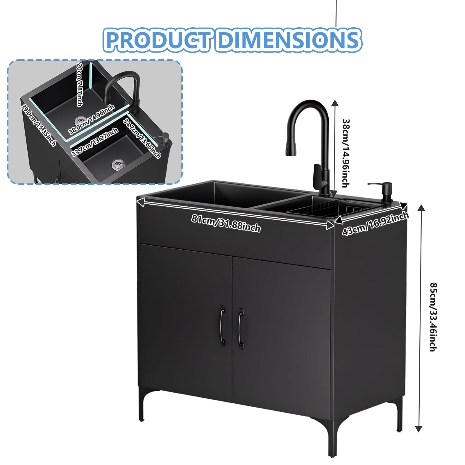 Spülenschrank mit Spüle und Armatur Edelstahl Gewerbliche Spültisch Doppelbecken Küchenspüle mit Entwässerungskorb und Abflusseinheit für Outdoor Küche und Camping Waschbecken (Schwarz, 81*43*85cm)