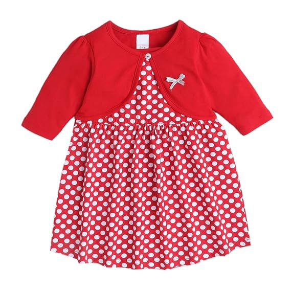 Hopscotch Girls Cotton Polka Printed Dress with Bolero in Red Color