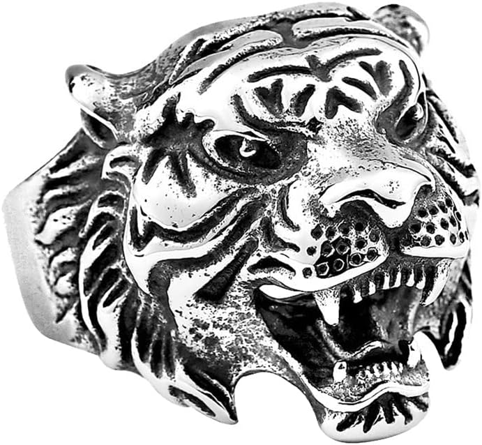HIJONESMens Stainless Steel Classic Roaring Tiger Head Ring Vintage Zodiac Animals Band