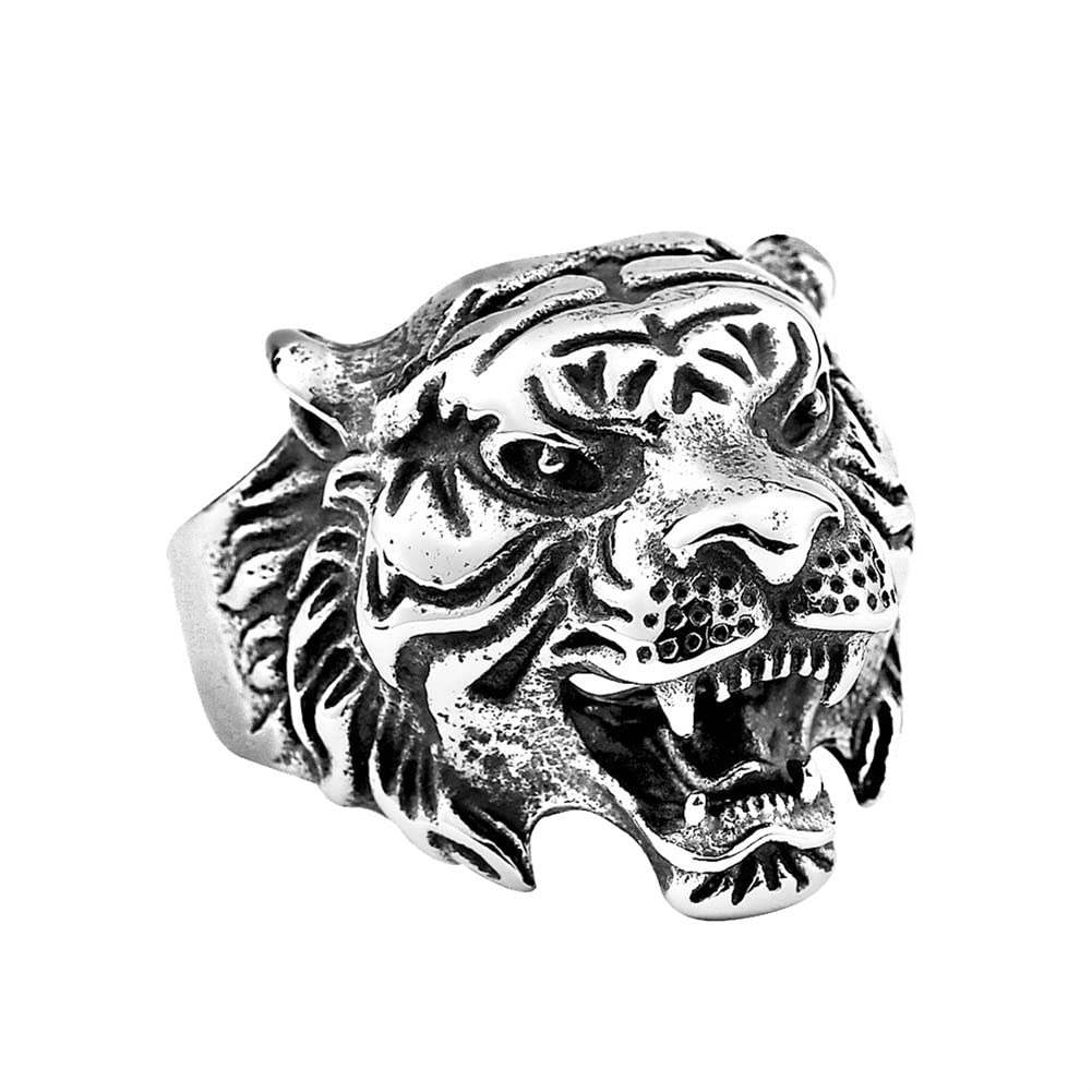 HIJONESMens Stainless Steel Classic Roaring Tiger Head Ring Vintage Zodiac Animals Band