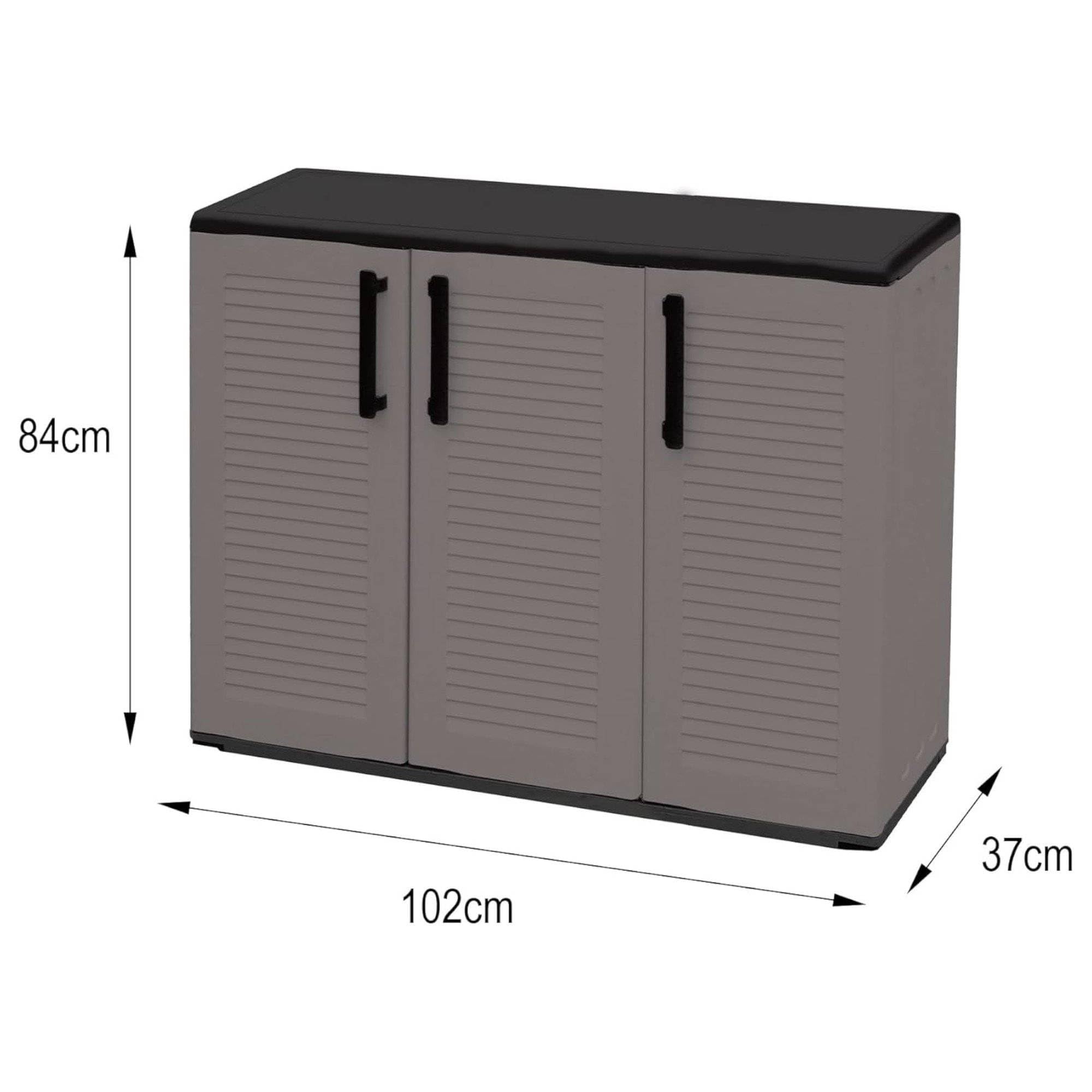 Dmora - Armadio da esterno Gesves, Mobile balcone multiuso, Armadietto outdoor 3 ante, 100% Made in Italy, 102x37h84 cm, Grigio e Nero, Finitura righe