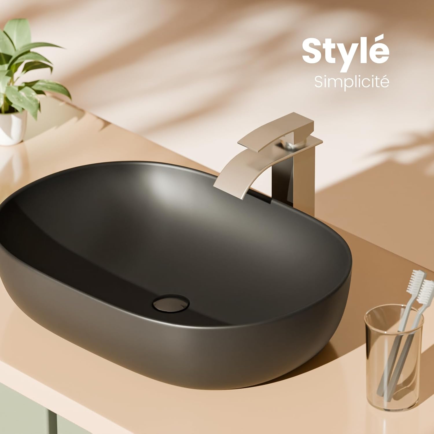 Water flowing into the EMKE Oval Countertop Basin, demonstrating spaciousness and no splashes