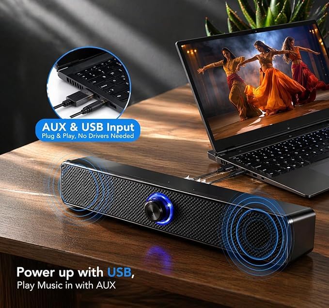 Image of 10W USB Powered Soundbar Speaker for PC, Laptop & Desktop, 2.0 Channel Stereo, 52mm Dual Drivers, AUX 3.5mm Input, Plug & Play with Volume Control | Black
