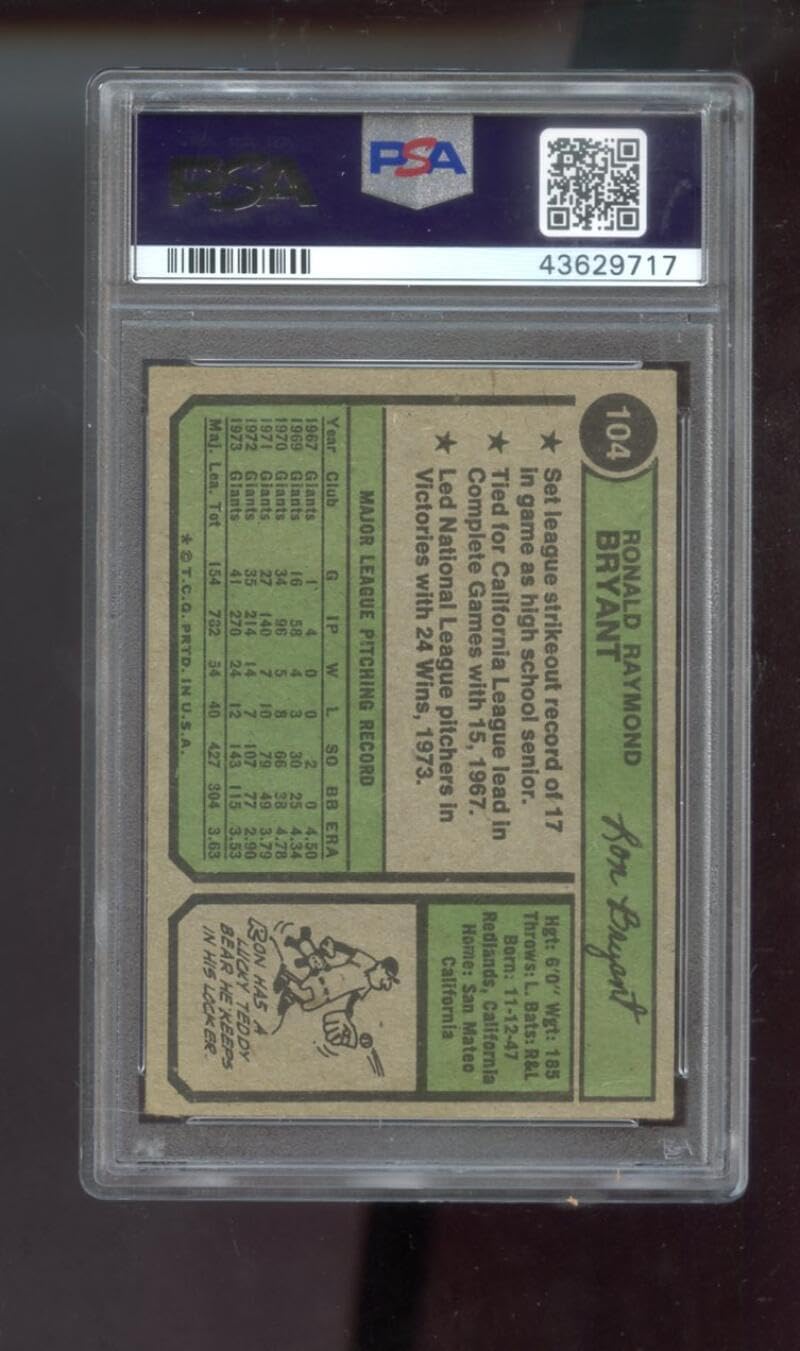 1974 Topps #104 Ron Bryant AUTO SIGNED Autograph Autographed Card PSA PSA/DNA Baseball MLB COA San Francisco Giants