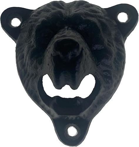 WISH HALLY WOOD Abridor de botellas, de hierro fundido para montaje en pared, con dientes de oso y 2 tornillos a juego