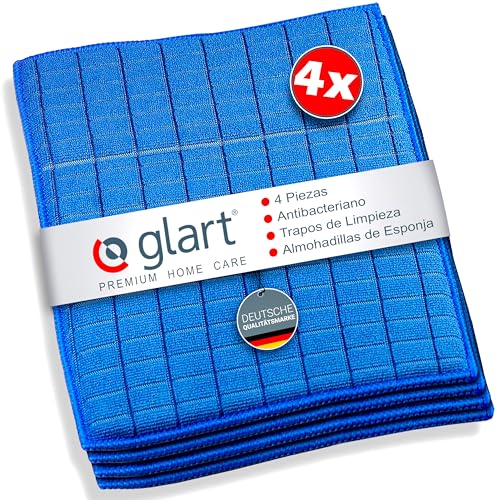 Glart Pack de 4 paños de cocina antibacterianos, esponjas, paños de microfibra, 17 x 23 cm, azul para cocina, lavavajillas, baño, WC, en lugar de algodón o paños de limpieza simples