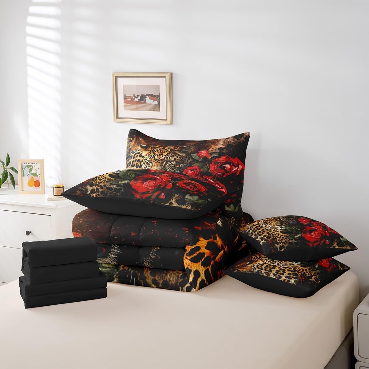 Feelyou Leopard Comforter Set with Sheets King Size 7 Piece for Girls Boys Kids Rose Cheetah Print Bedding Set Room Decorative Leopard Pattern Bed in a Bag Safari Yellow Red Bed Set Room Decor