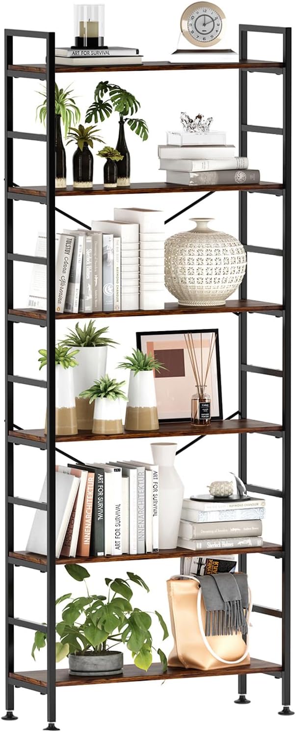 6-Tier Adjustable Tall Bookcase, Rustic Wood and Metal Standing Bookshelf, Industrial Vintage Book Shelf Unit, Open Back Modern Office Bookcases