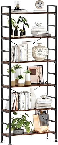 Miniatura 7 de Estantería alta de 5 niveles, estantería de pie de madera rústica y metal, estantería industrial vintage, estantería de oficina moderna con respaldo