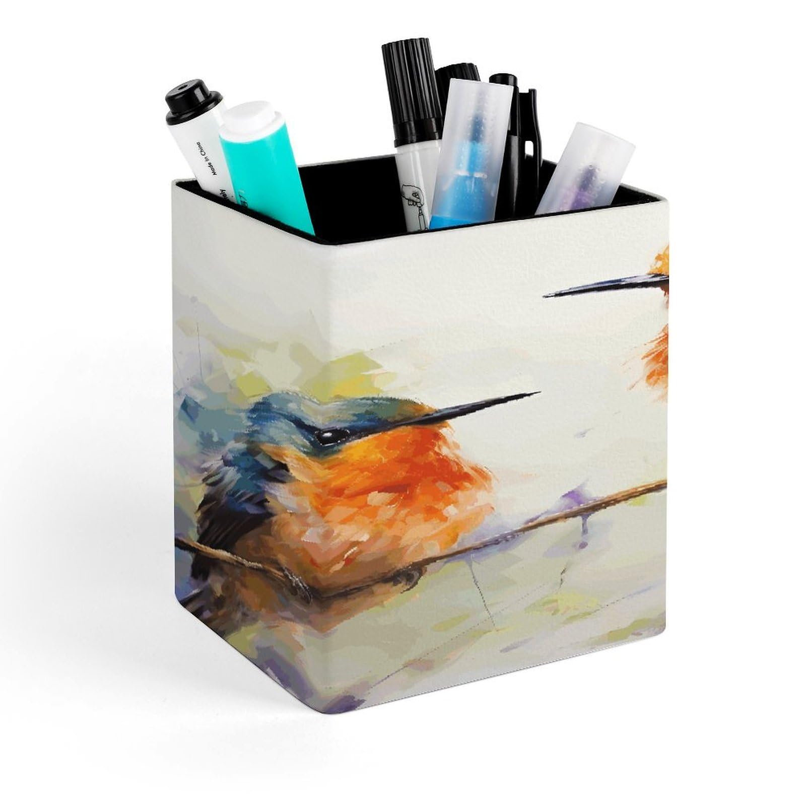 JTREHY Oil Painting Bird Pen Holder Square Pen Pencil Holder Makeup Brush Holders Cup PU Leather Pencil Cups Desktop Caddy Stationery Organizer Case Office Accessories Container Box