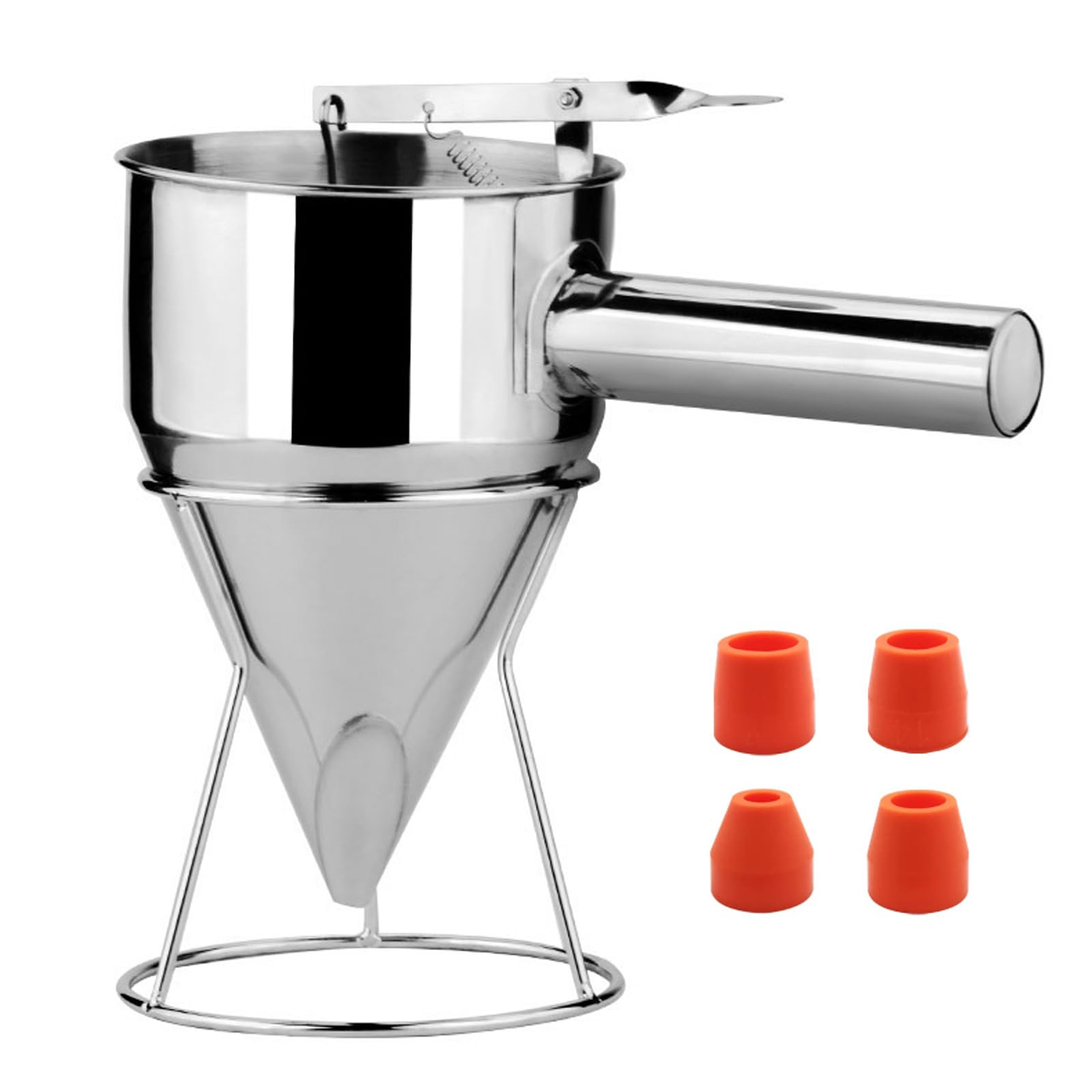 Tsawntd 20oz Pancake Batter Dispenser for Griddle with Stand Stainless Steel Piston Funnel with 4PCS 18mm Nozzles Funnel Cake Dispenser for Cake Dessert Baking Tool pancake for batter