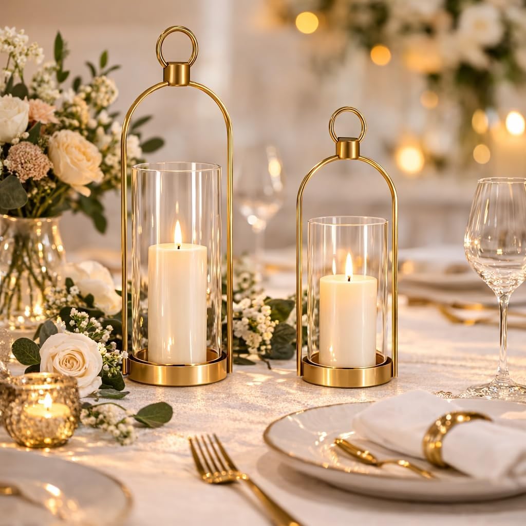 Gold Glass Candle Holder Set of 2, Modern Decorative Hurricane Candle Holders with Thick Glass Cylinder & Vintage Metal Frame for Table Centerpiece, Living Room, Shelf & Dining Table Decor