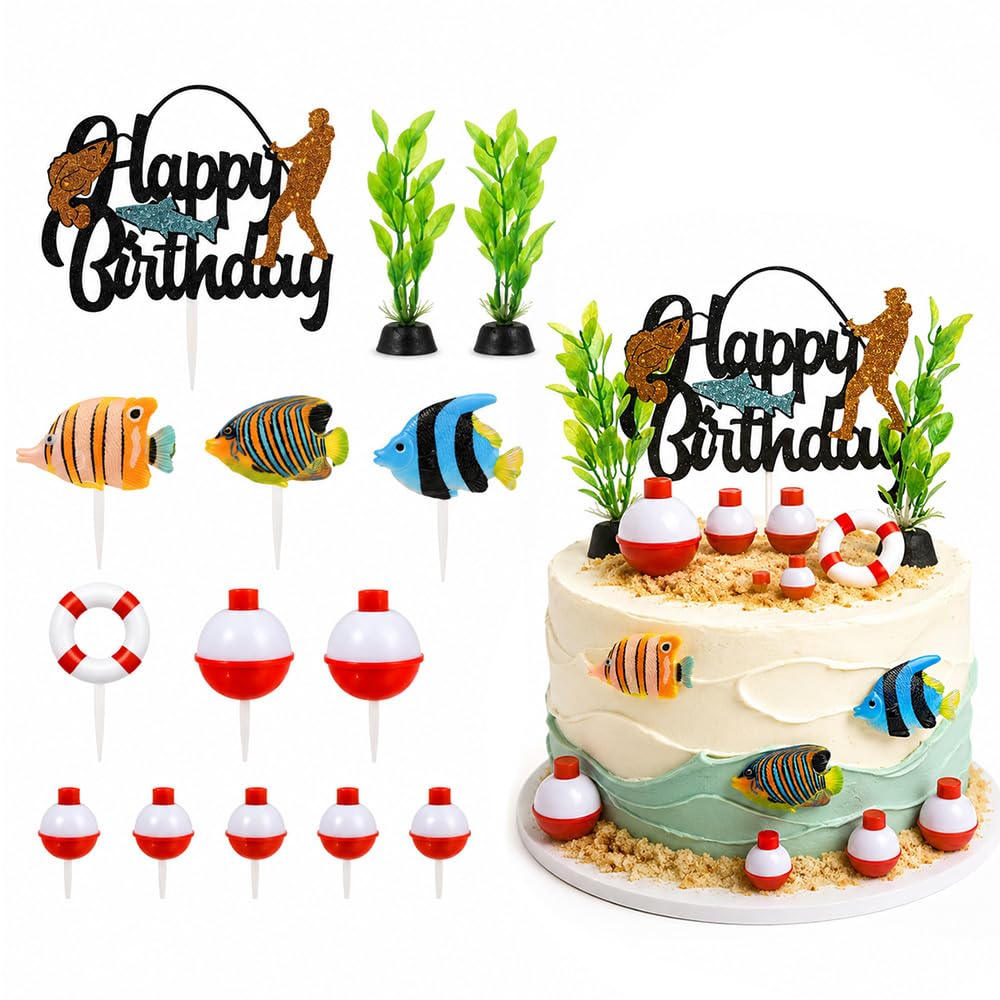 14Pcs Fishing Cake Topper Fishing Birthday Decorations for Party Supplies