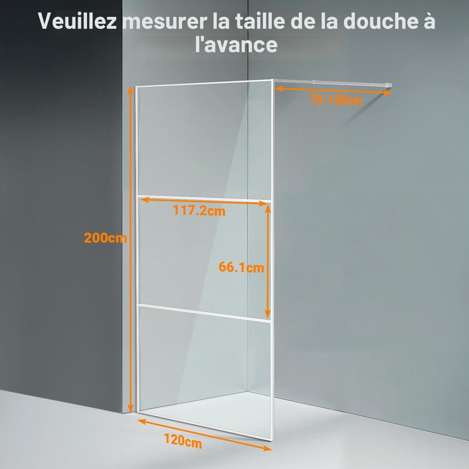 Paroi de douche Walk In 120x200 cm en argent brillant, construction à 3 segments, verre de sécurité ESG de 5 mm, montage gauche/droite, structure stable pour salles de bains modernes