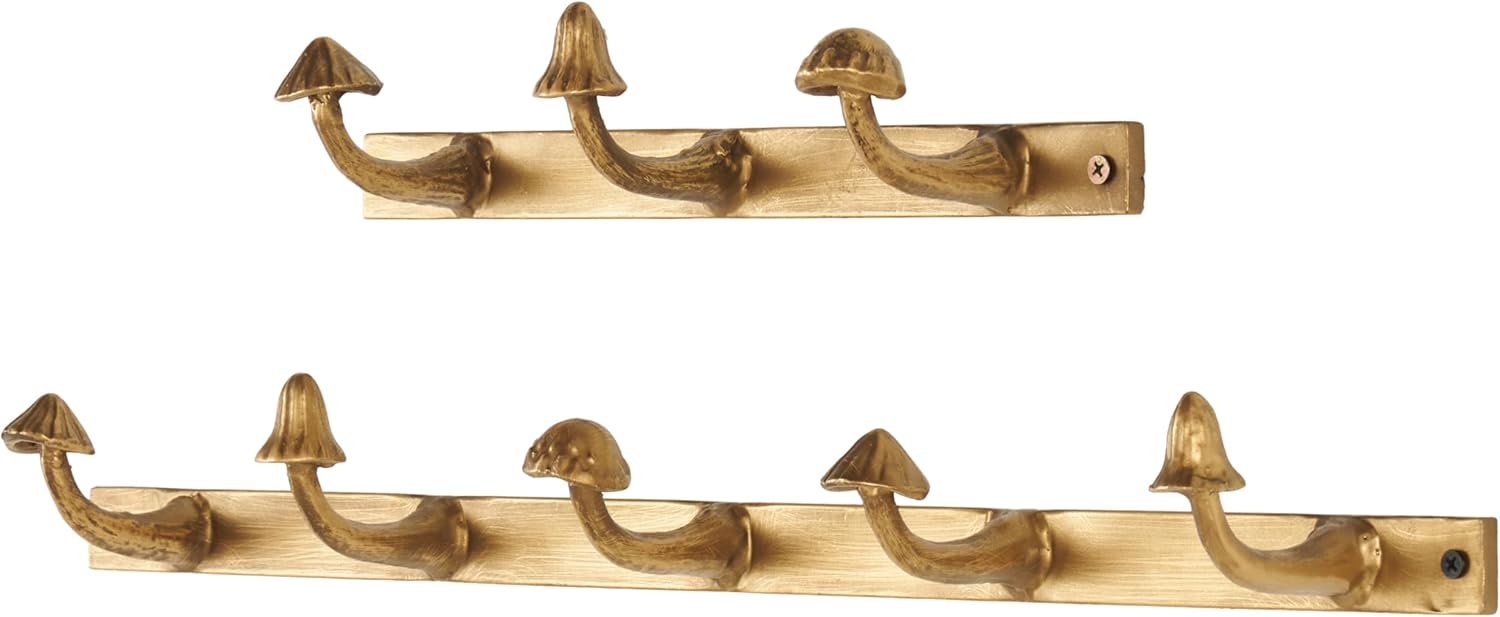 Deco 79 Metal Mushroom Home Wall Hook 8 Hanger Coat Hooks, Set of 2 Hooks 23", 13"W, Gold