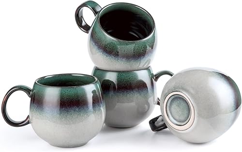 Henten Home Juego de 4 tazas de café de cerámica, juego de 4 tazas vintage de 20 onzas, tazas jumbo de gres con asa, tazas con leche para leche,