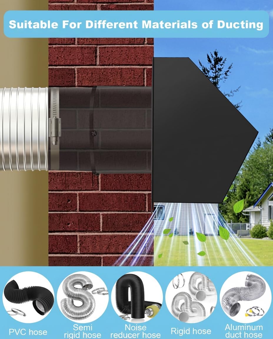 Metal Dryer Vent Cover Outside, 6 Inch Exhaust Vent with Megnetic Air Damper & Noise Reduction Foam, Outdoor HVAC Wall Vent Cover with Expandable Sleeves (Black)