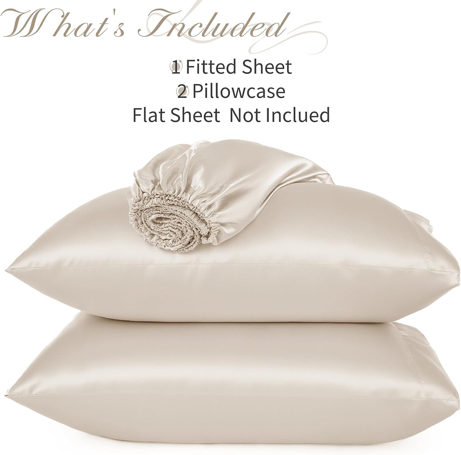 NSGZ 3 Pcs Satin Fitted Sheet and Pillowcase Set, King Silky Bottom Bedsheet Fit up to 15 Inch Deep Pocket Mattress, Beige Soft Satin Bedding Includes 1 Fitted Sheet and 2 Pillowcases