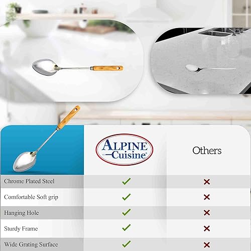 Miniatura 7 de Alpine Cuisine Cuchara con mango de madera de 13 pulgadas, cuchara de paleta de arroz cromado con mango de madera largo, cucharas grandes y