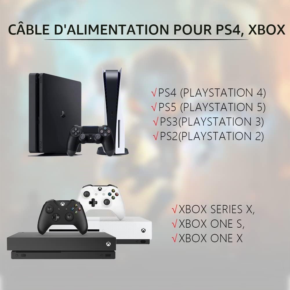 Câble d'Alimentation 2 m pour PS5, PS4, PS3, PS2, Xbox Series X, Xbox One S/X, Fiche Européenne 2 Broches vers C7 Euro 8 Double Prise