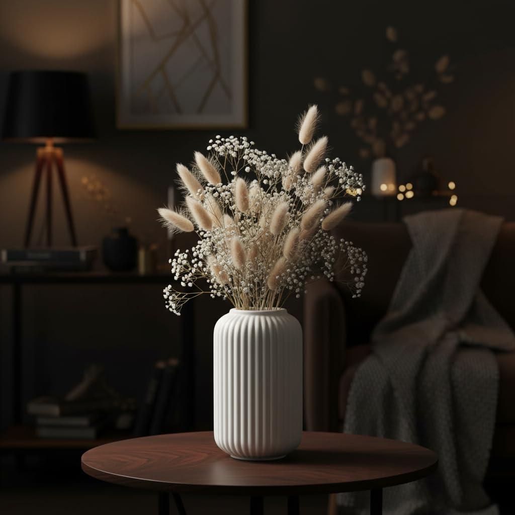 PUREZENTO White Ribbed Texture Ceramic Vase - 6 Inch | Vases for Centerpiece Home Decor, Living Room & Bedroom | Vase for Pampas Grass, Dried & Artificial Flowers