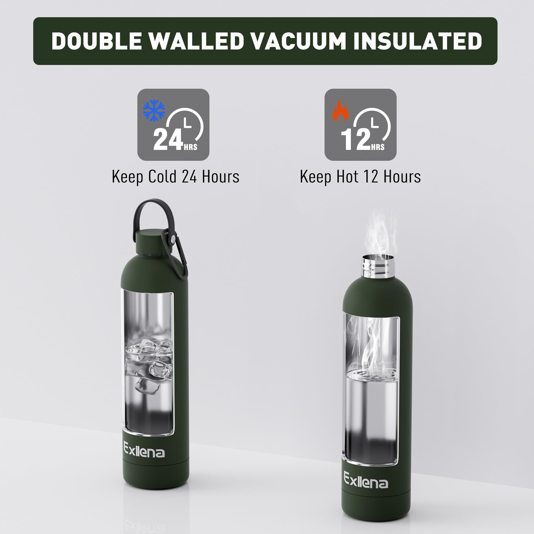Exllena Borraccia Termica 750 ml con Maniglia e Moschettone - Bottiglia Termica 750ml Mantenere Calore/Freddo - Senza BPA - 100% A Tenuta Stagna per Escursioni, Campeggio, Viaggi...(Verde Pino)