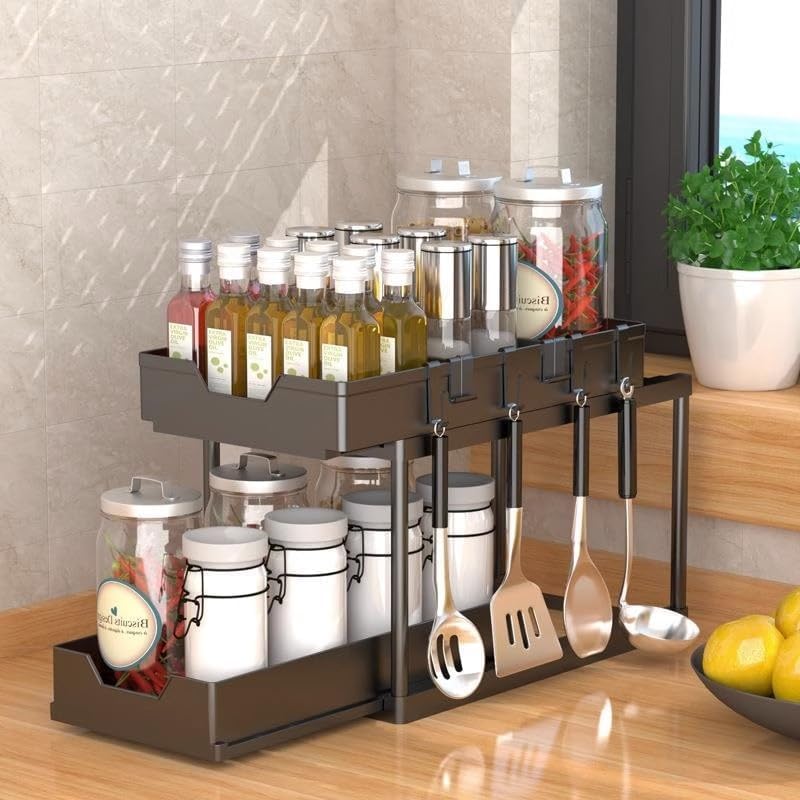 Image of Sink Organizer Rack Adjustable 2-Tier Shelf for Kitchen Cabinet, Expandable Storage Rack with Removable Panels,Professional for Kitchen Bathroom Carbon Stainless Steel (Black)