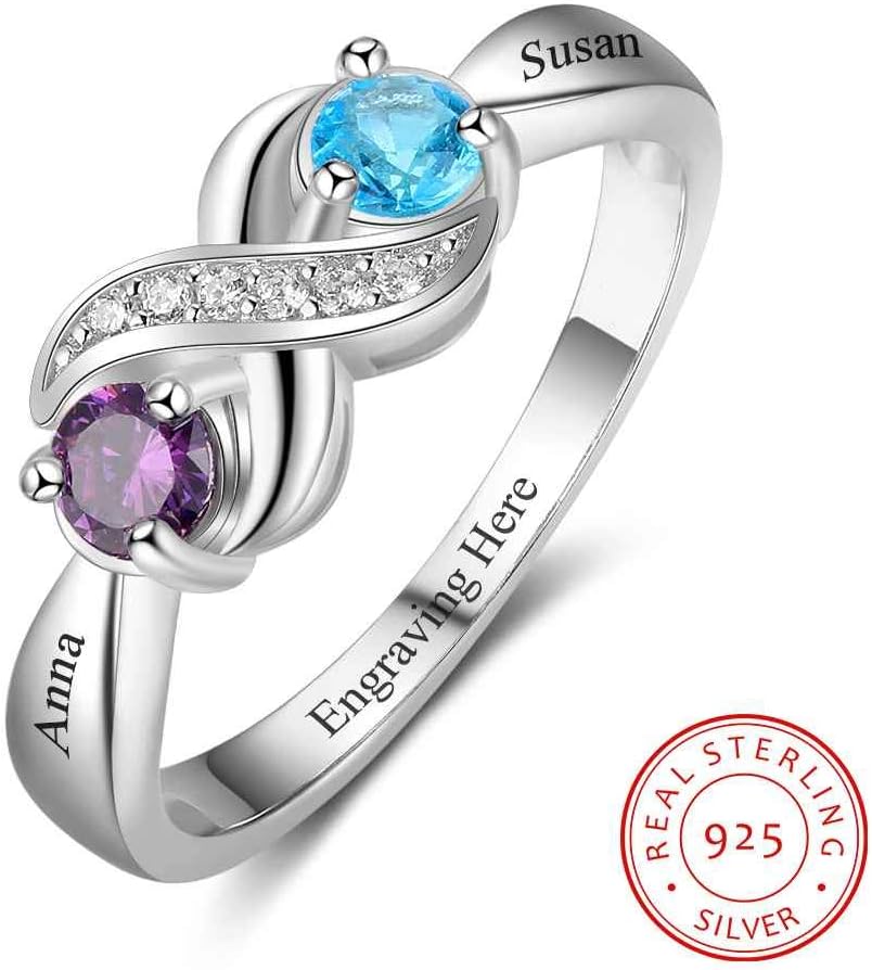 GLAMCARAT Sterling Silver Personalized ring 2 birthstones customized engraved jewelry for women infinity promise ring for her name ring