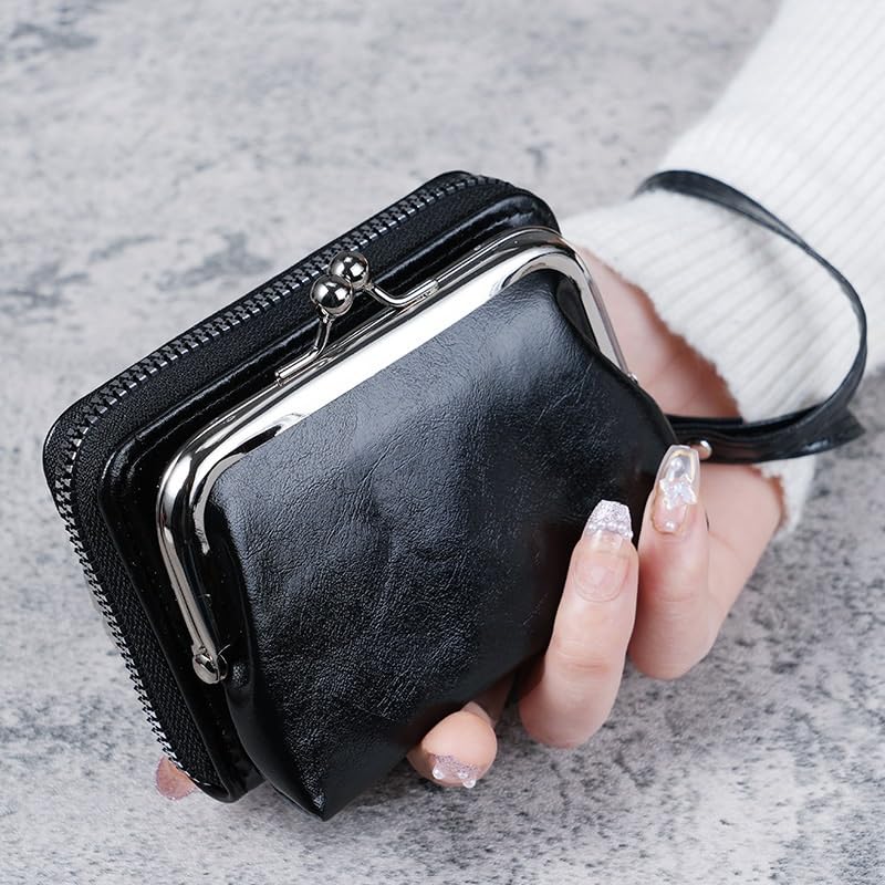 Wallet Women Fashion Wrist Strap Short Coin Purse Large Capacity Coin Clip Bag Multi-Card Card Bag(D)