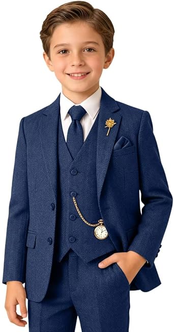Tweed Herringbone Boys Suit 3 Piece Slim Fit Retro Kid Suits Set for Boy | Tuxedos Set Prom Outfit Jacket Blazer Vest Pants for Boy Wedding Vintage Old Money Homecoming Outfit Kids School Dress