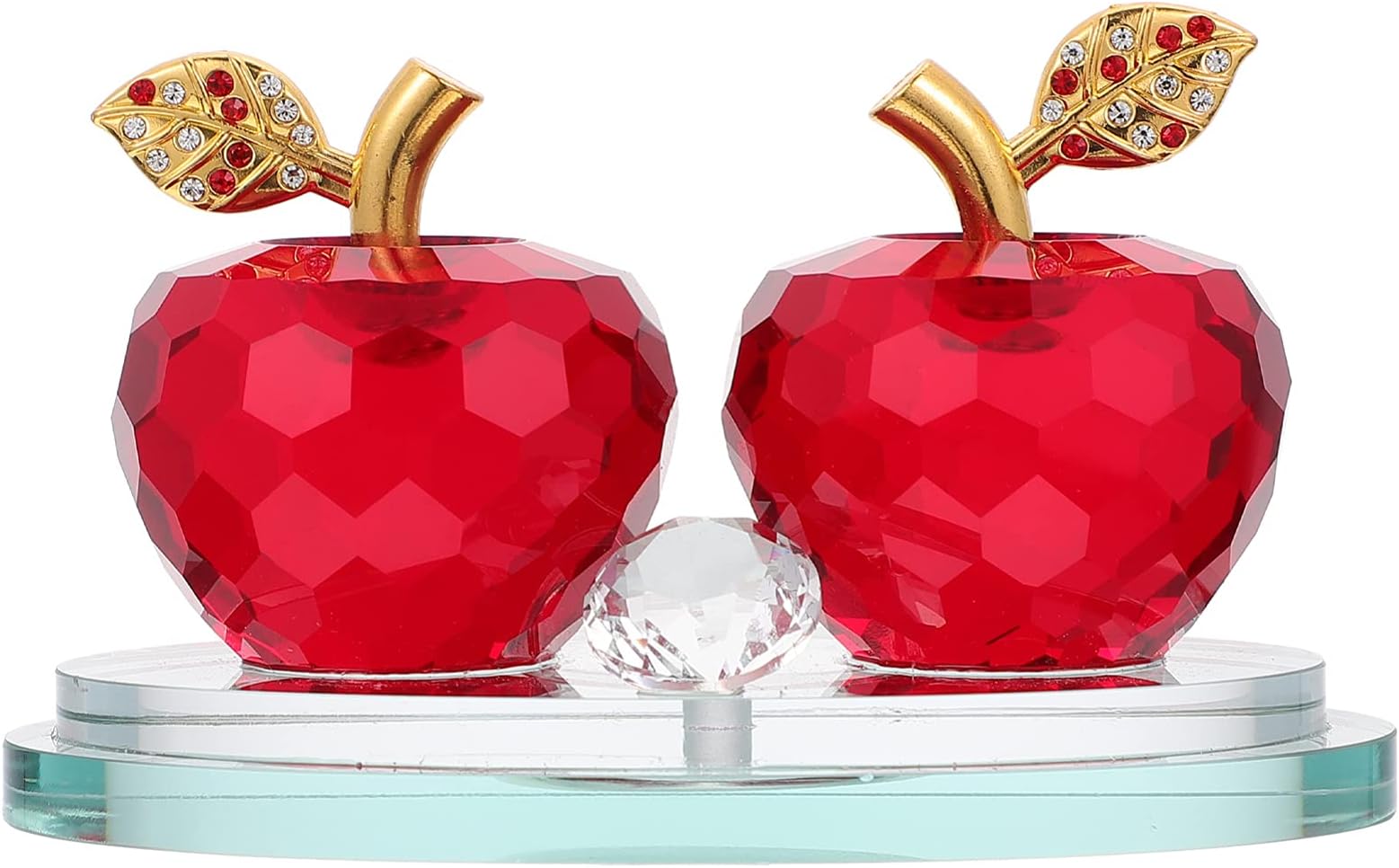Crystal Apple Ornament Faceted Art Glass Apple Collectible Figurines Lucky Feng Shui Craft Statue Car Dashboard Decor with Mirror Tray for Wedding Xmas Eve Red