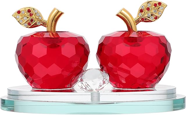 Amosfun Crystal Apple Ornament Faceted Art Glass Apple Collectible Figurines Lucky Feng Shui Craft Statue Car Dashboard Decor with Mirror Tray for Wedding Xmas Eve Gift Red