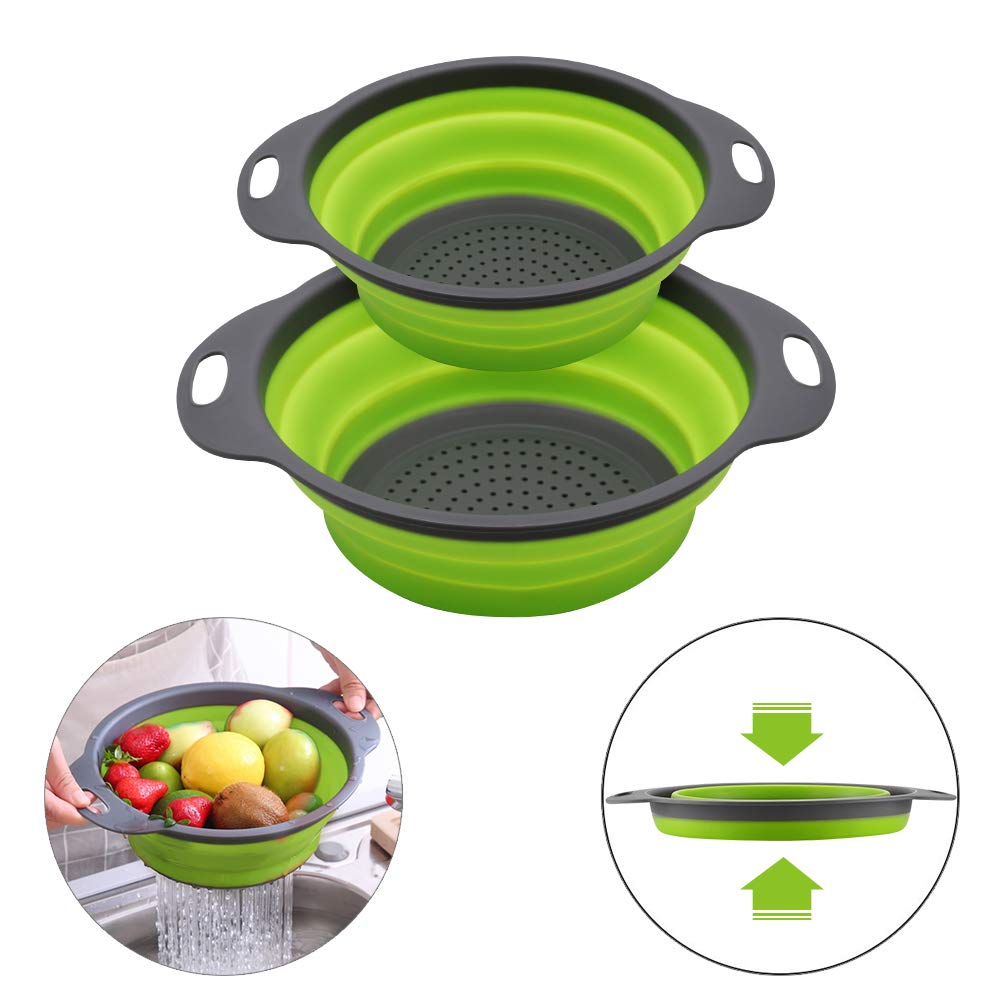 QiMH Colander Collapsible Set of 2-1 PC 4 Quart and 1 PC 2 Quart - Food-Grade Round Space-save Silicone Kitchen Foldable Food Strainer