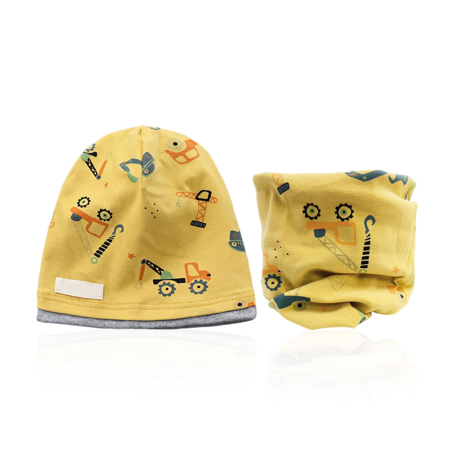 2-Piece Set of Cartoon Engineering Vehicle Printed Hat and Scarf, Children's Thermal Products, Cute Cartoon Hat, Windproof Ear Protection Hat Yellow