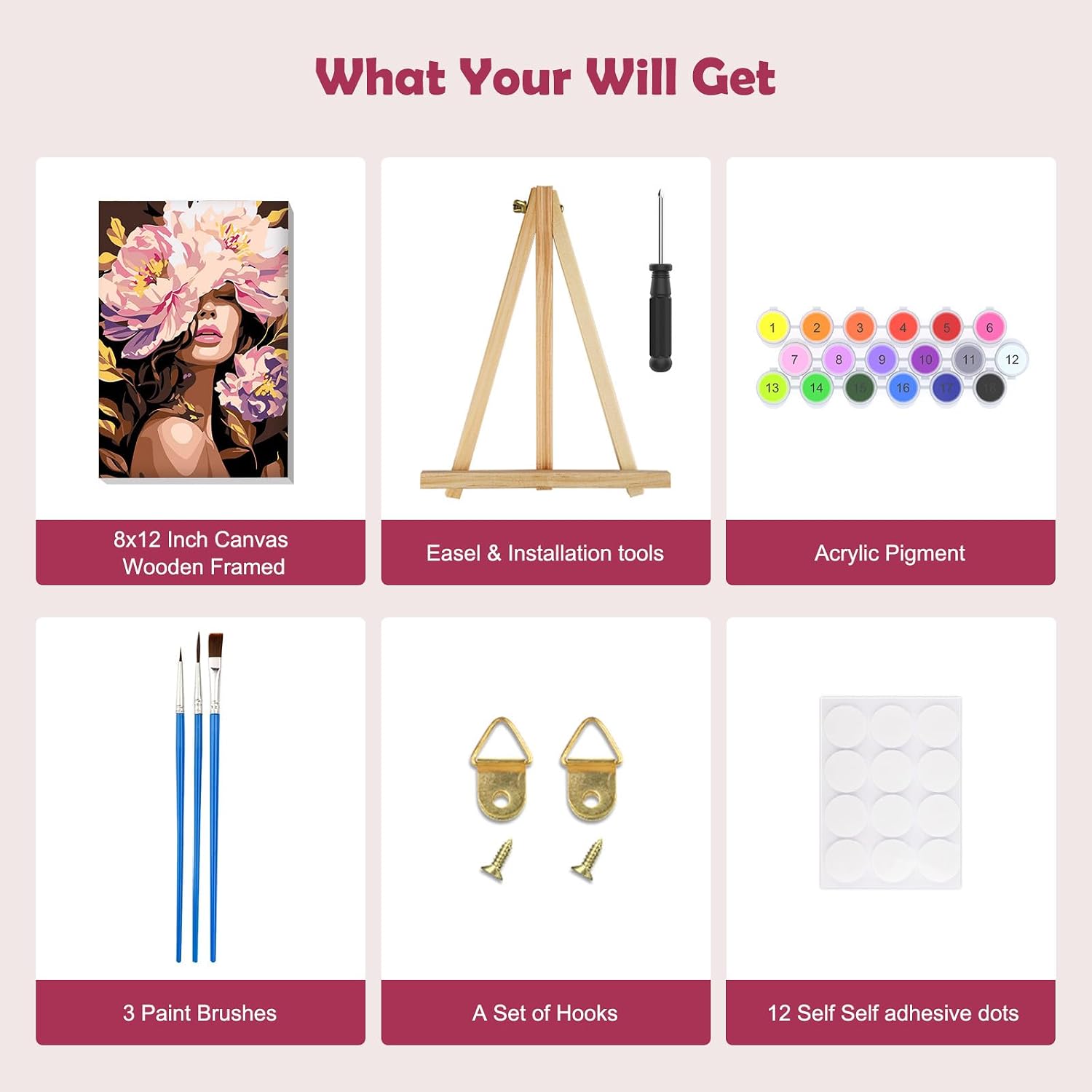 MOGTAA Flowers Girls Paint by Numbers Kit for Adults Beginners with Frame, Adult Paint by Number Kits on Canvas with Easel, Easy DIY Oil Painting Kits for Home Decor, 8x12in image 5